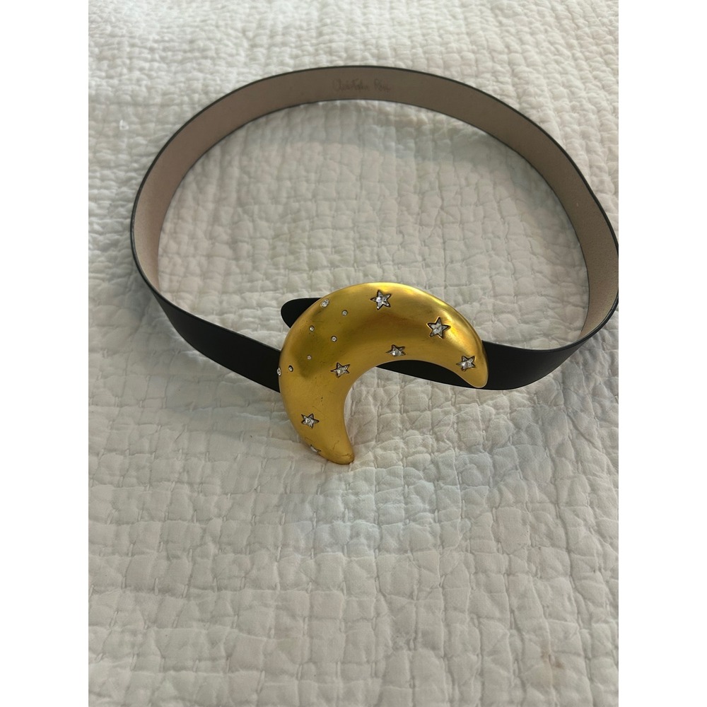 VTG Christopher Ross Signed Crescent Moon Stars Belt Gold Tone Black Leather 40"